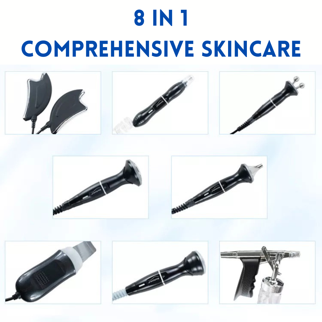 8 in 1 comprehensive skincare, eight black color handles of professional hydrafacial machine