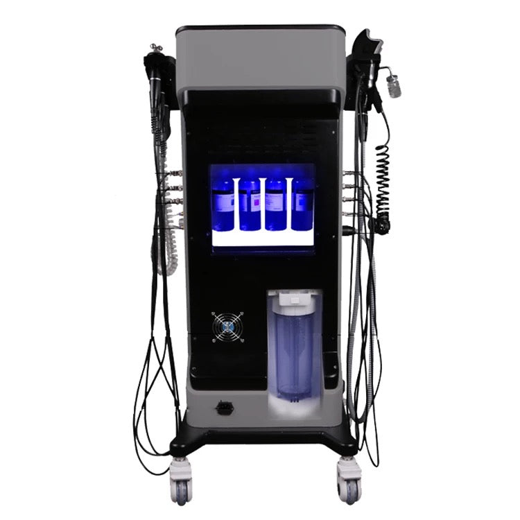 Back view of Skin Energy Jet Peel Hydrafacial Machine 8 in 1, with 4 solutions bottles and waste water bottle