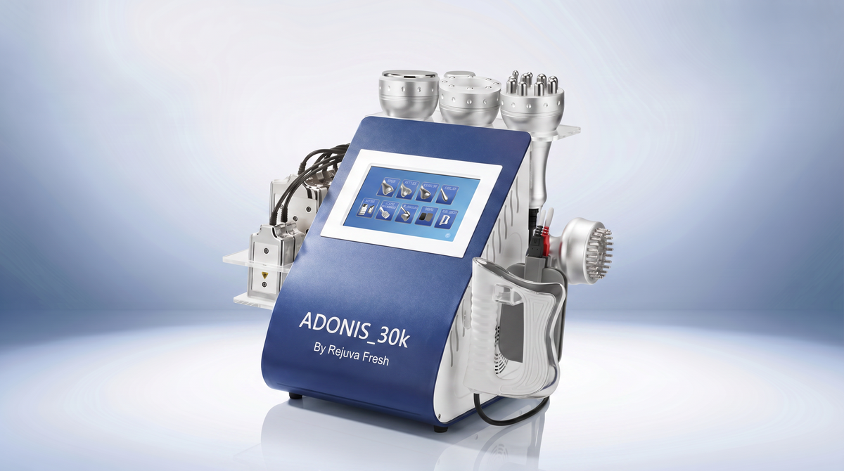 ADONIS 30K by Rejuva Fresh professional aesthetic treatment machine with touchscreen display and multiple body contouring handpieces.