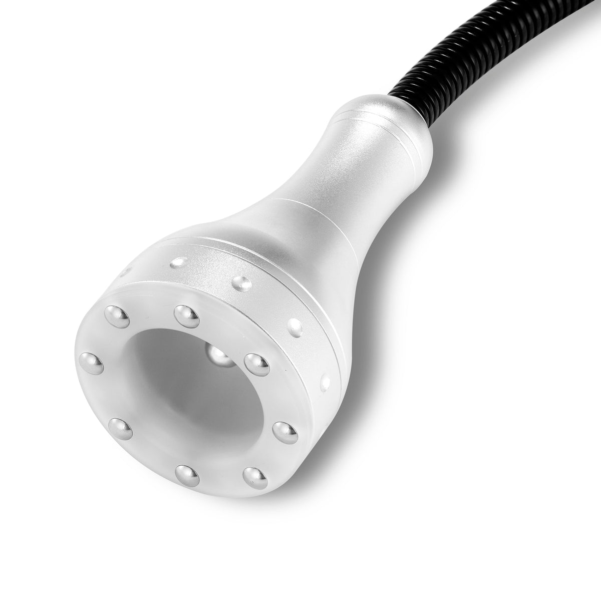 Silver body contouring treatment handpiece with multiple rounded metal contact points and attached flexible hose, close-up view.