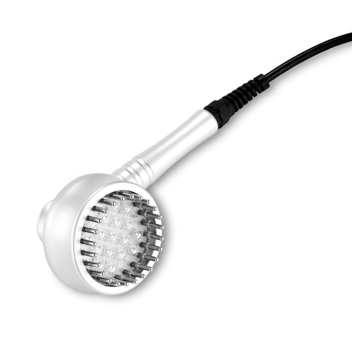 Silver professional aesthetic treatment handpiece with multiple metal contact pins and LED lights on a white background.