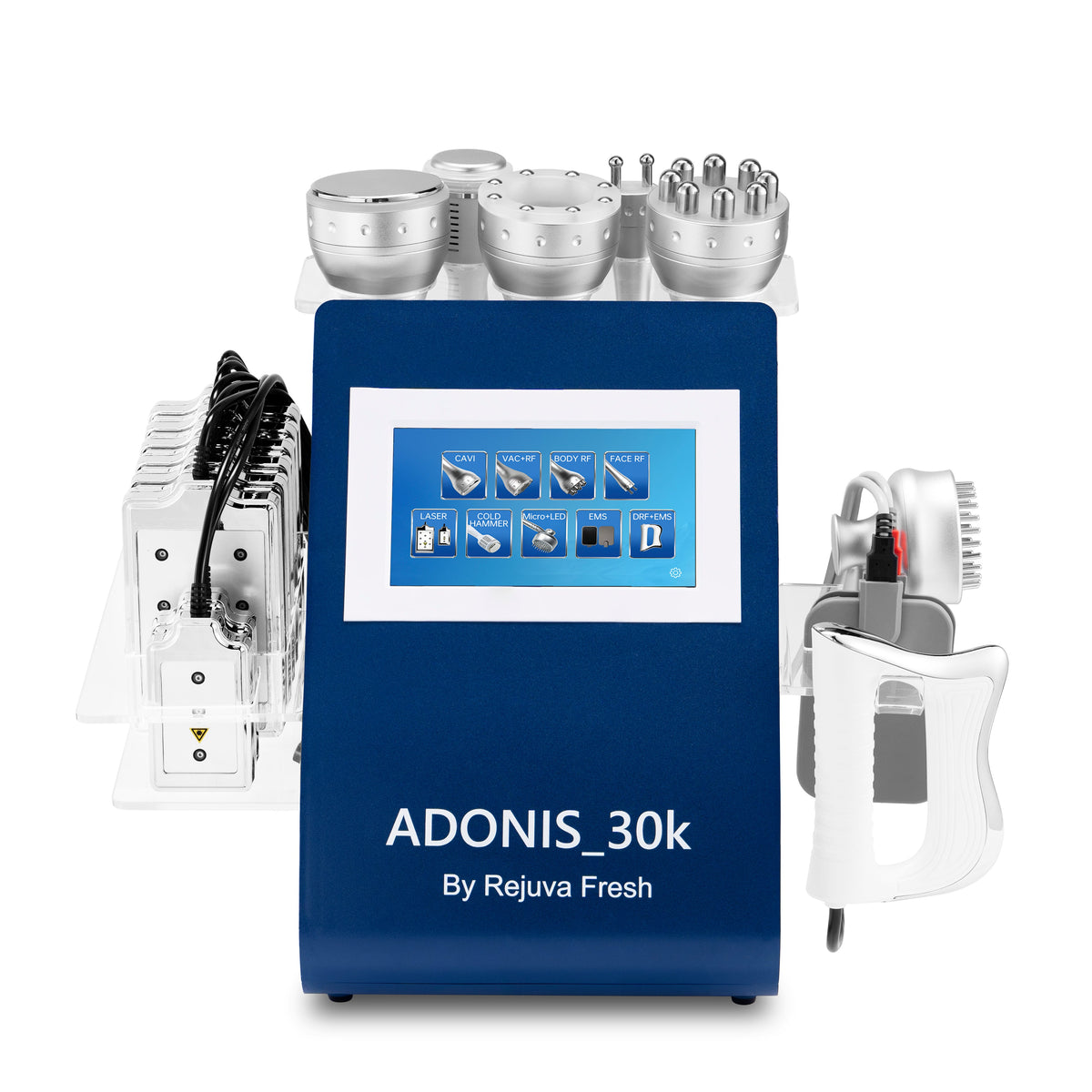 Rejuva Fresh ADONIS 30K body contouring machine with touchscreen and multiple treatment applicators - front view
