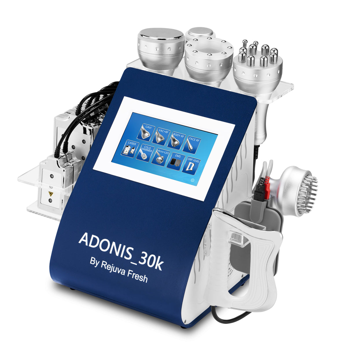 Adonis 30K body contouring machine with touchscreen display, cavitation, RF, EMS, and laser treatment handpieces - front view.
