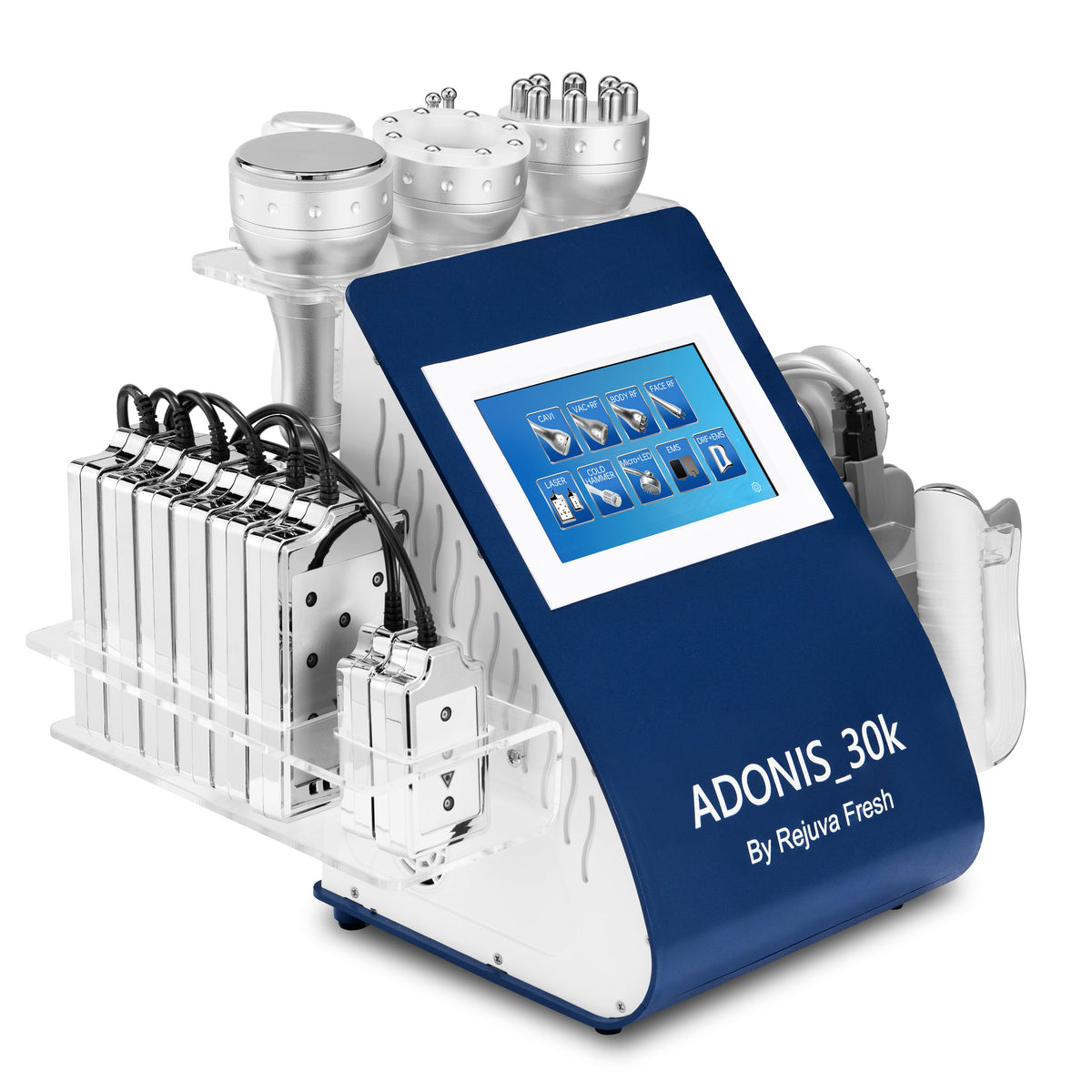 Rejuva Fresh ADONIS 30K 9-in-1 professional body contouring machine with touchscreen display and multiple treatment handpieces.