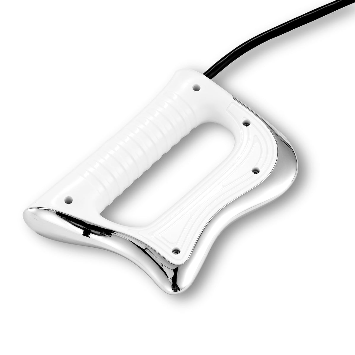 White handheld body contouring treatment applicator with chrome edges, ergonomic grip, and attached cable.