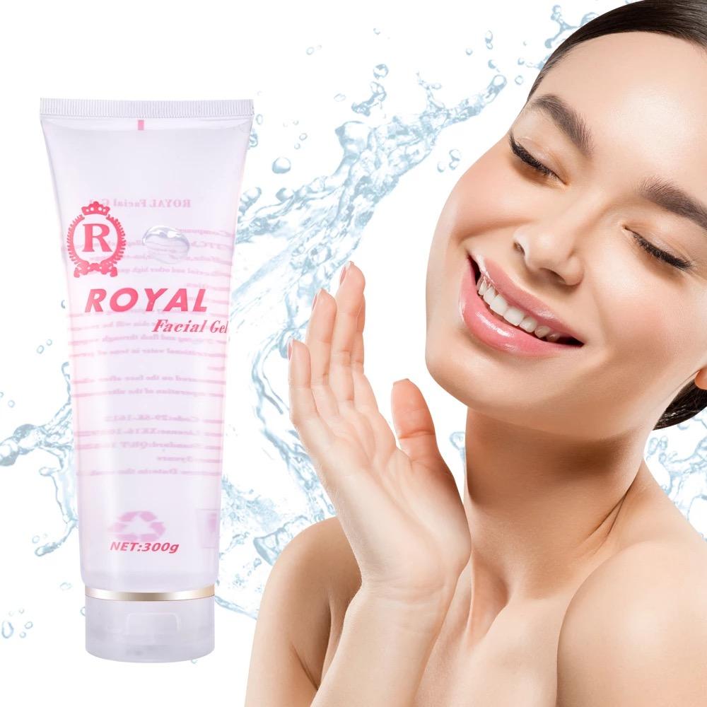 Royal Facial Conductive Gel, Smiling Woman Splashes Face with Water 