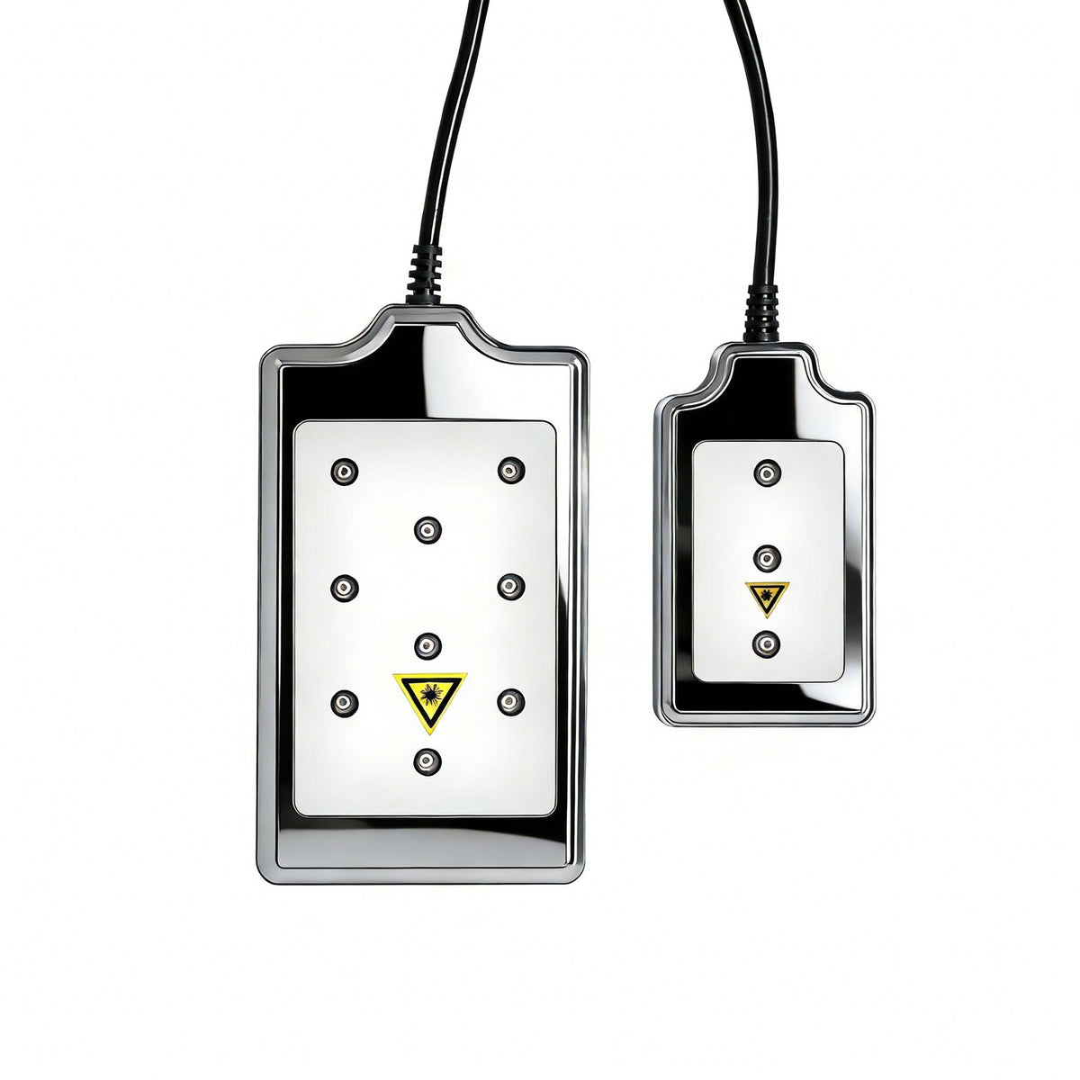 Two rectangular laser treatment pads with connected cables and multiple light-emitting contact points, front view.