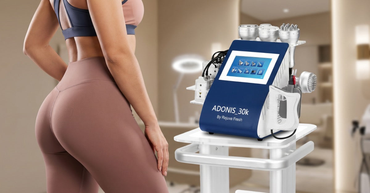 Adonis 30K body contouring machine with touchscreen display and multiple treatment handpieces beside a model in a spa setting.